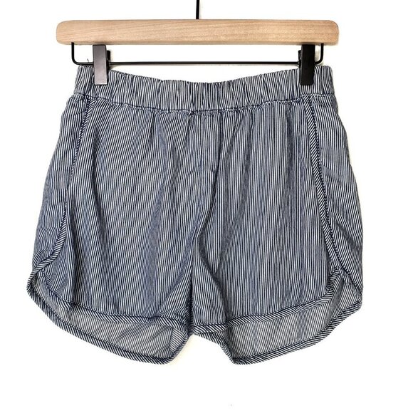 Madewell Railroad Stripe Pull On Chambray Shorts XS Blue‎ White Elastic Waist - Picture 2 of 9